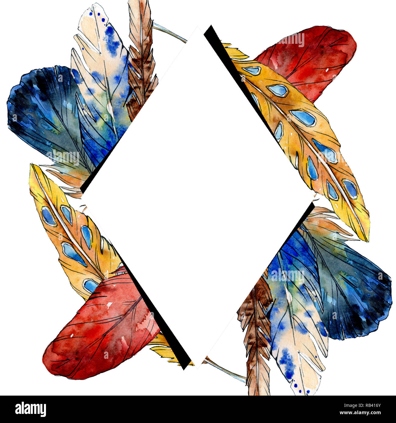 Watercolor bird feather from wing isolated. Frame border ornament ...
