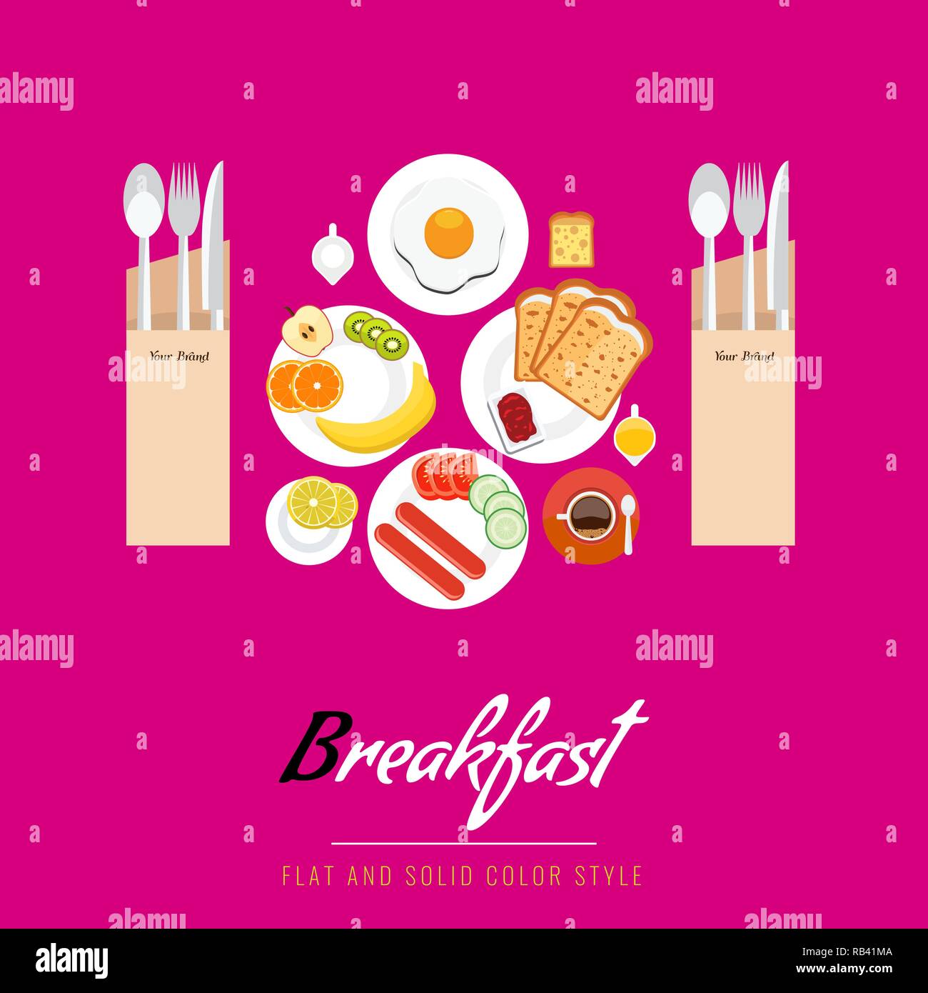 Breakfast concept with food and drinks top view on table. Flat color ...