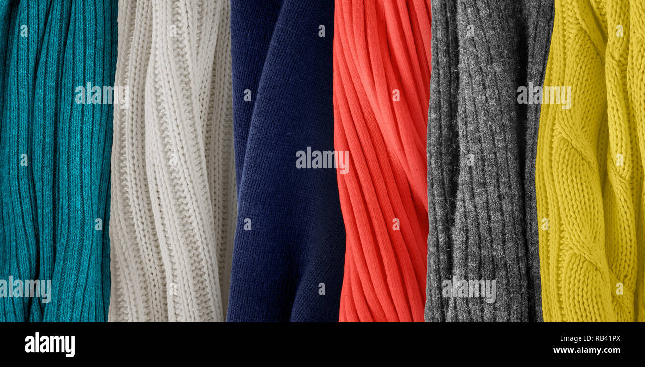 Best colors matching coral palette for fall and winter 2019. Fashion color trends. Knitted clothes fabric samples. Stock Photo