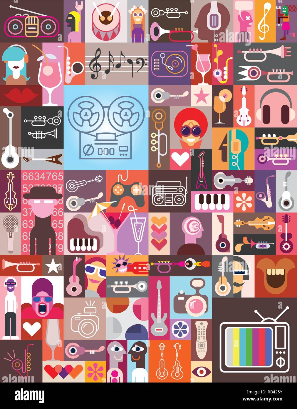 Graphic art collage of many various images. Vector illustration. Seamless wallpaper. Stock Vector
