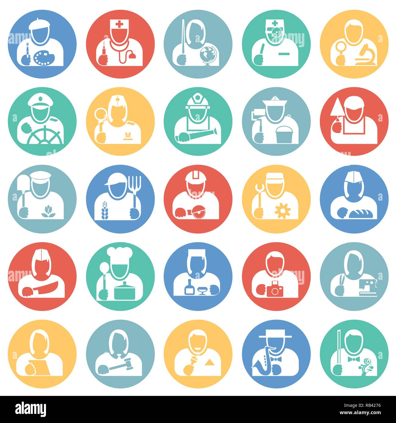 Occupations icon set on color circles background for graphic and web ...