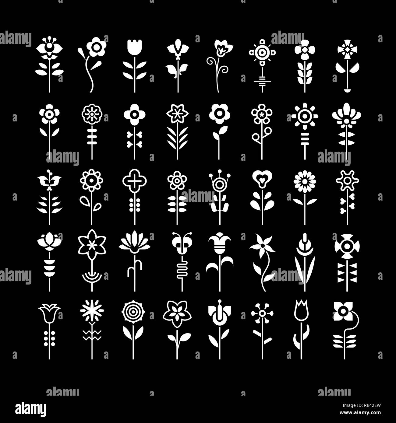 White flower images on a black background. Large set of the vector ...