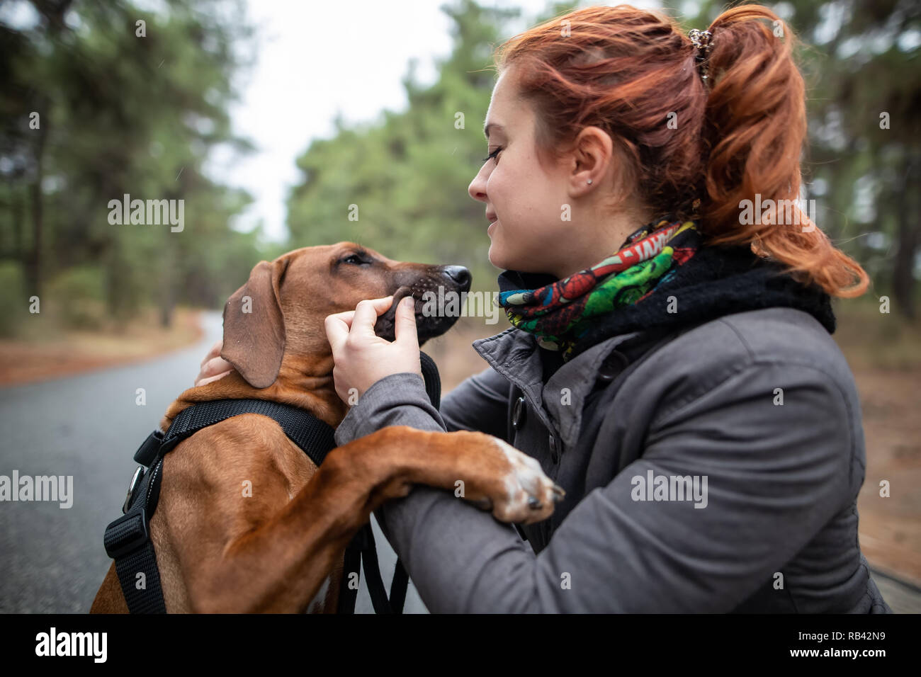 Portrait of happy teenage girl and Rhodesian ridgeback dog . Love animals love my pet Stock Photo