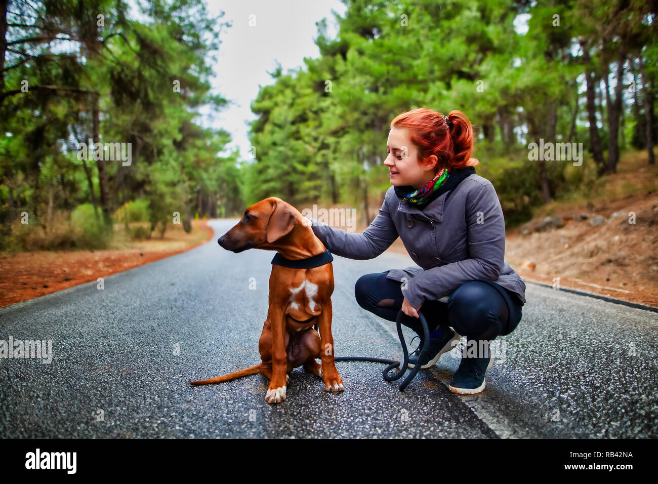 Portrait of happy teenage girl and Rhodesian ridgeback dog . Love animals love my pet Stock Photo