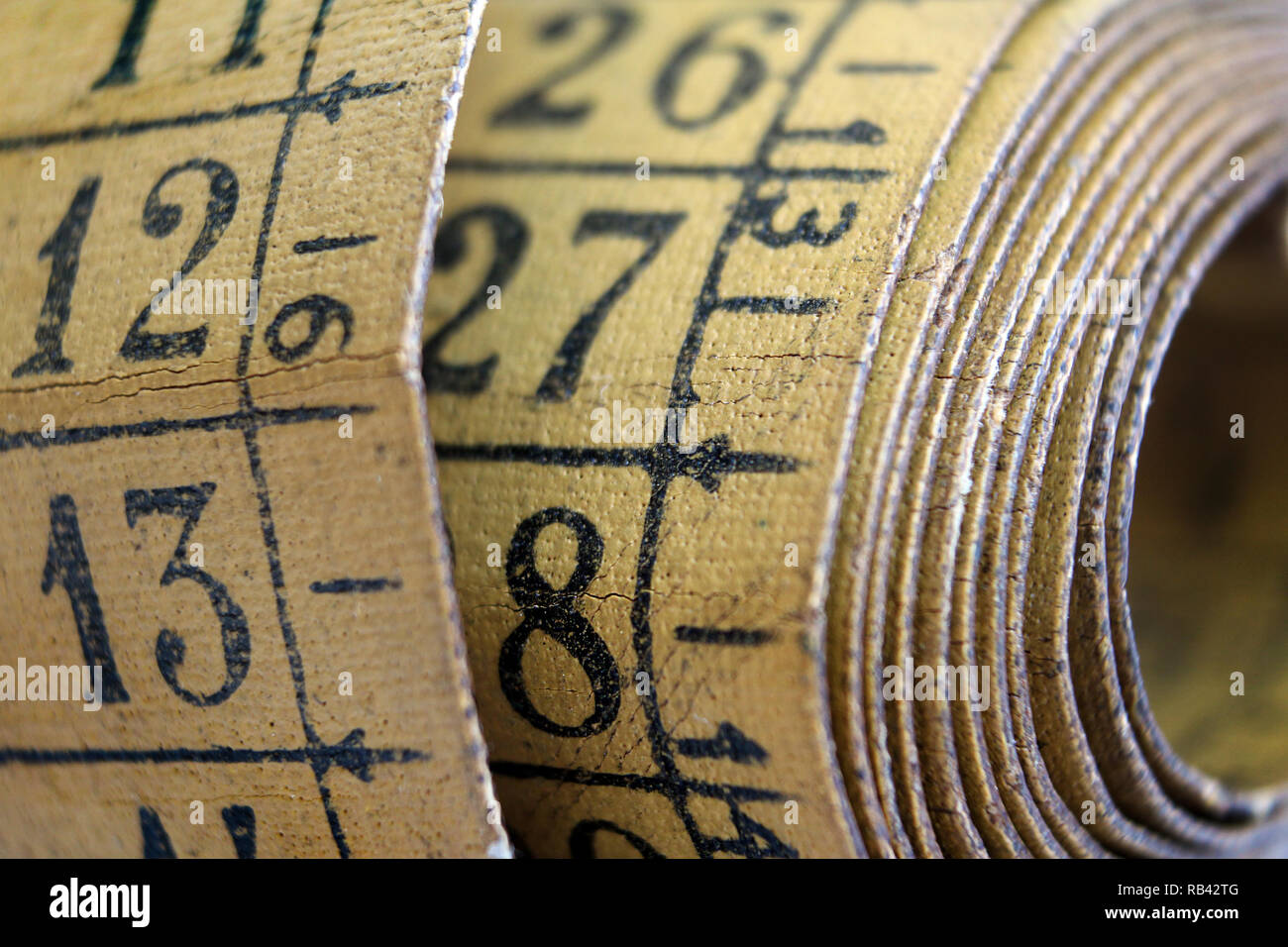 Old measuring tape isolated on white background, close-up Stock Photo