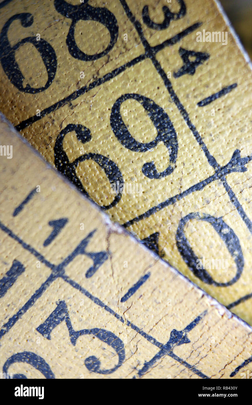 Old measuring tape isolated on white background, closeup Stock Photo