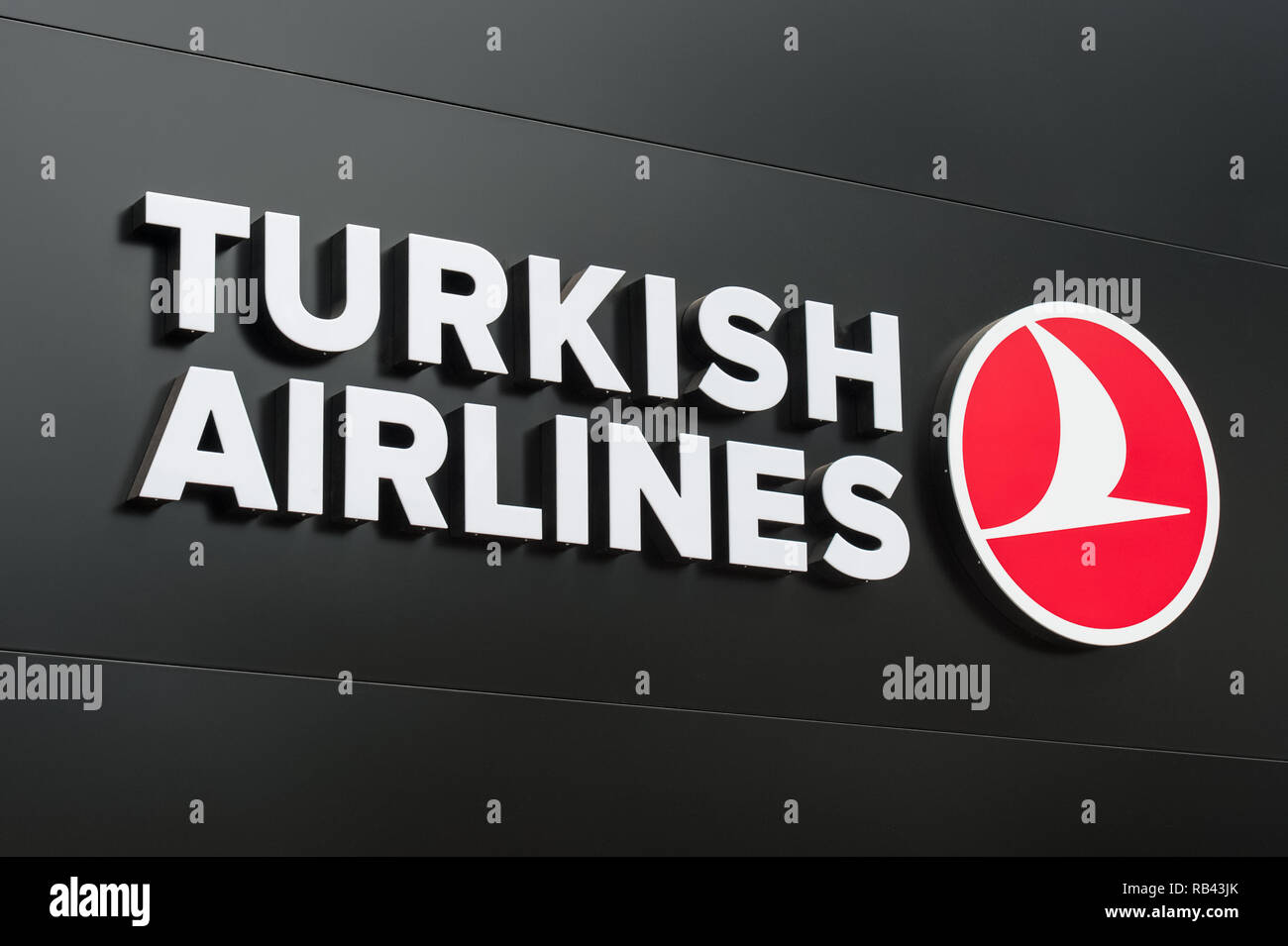 Farnborough, UK - July 20, 2018: Turkish Airlines advertisement billboard on display at an aviation trade event in Farnborough, UK Stock Photo