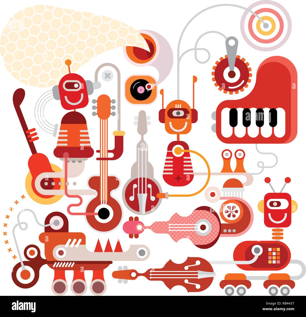 Musical robots vector illustration isolated on a white background. Welcome to the future, were funny robots will do all the boring job. Stock Vector