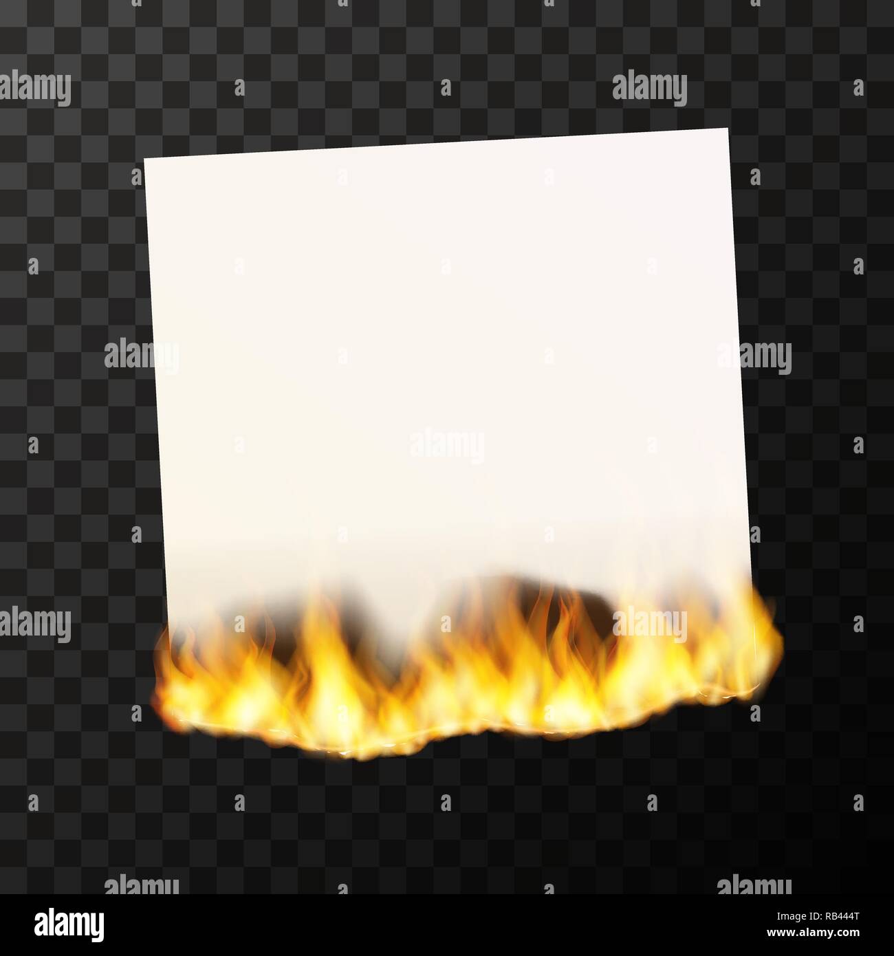 Realistic burning blank sheet of white paper bright with fire flames