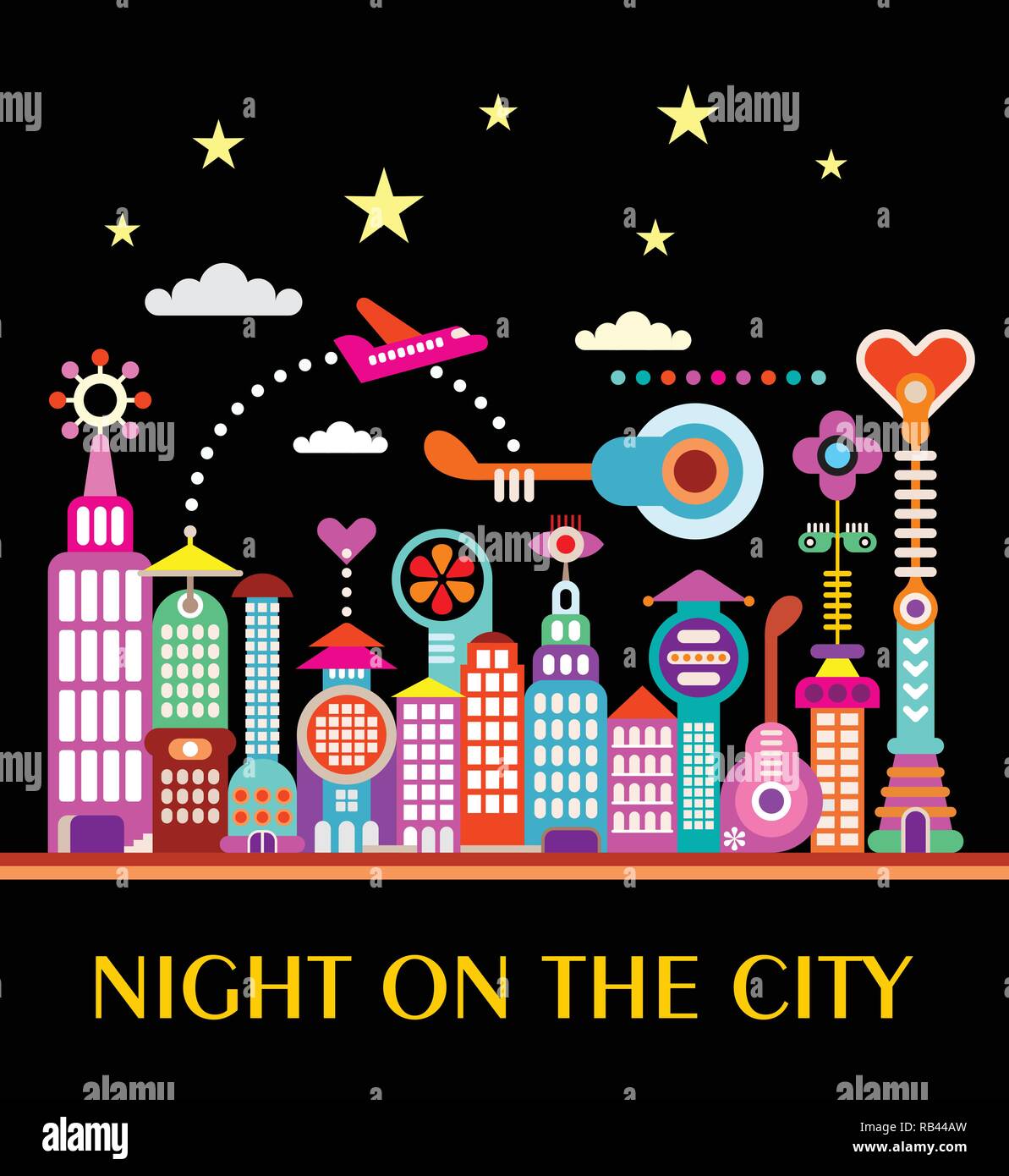 Vibrant colors on a black background Future City vector illustration. Various modern buildings and Night on the City text. Stock Vector