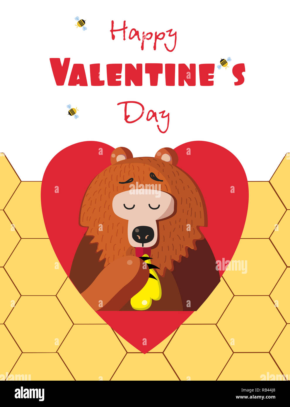 Happy valentines day greeting card of cute cartoon bear  illustration character eating honey inside of red heart and bees around on honeycomb backgrou Stock Photo