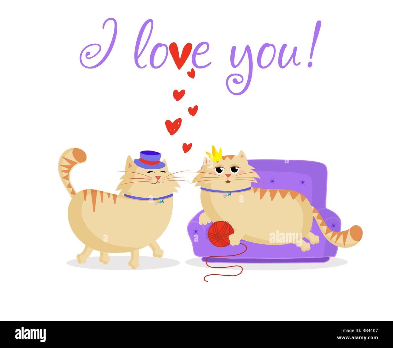 I love you greeting card with cute cartoon cats couple boy and girl in love. Male cat in top hat and female princess cat on the sofa with ball isolate Stock Photo