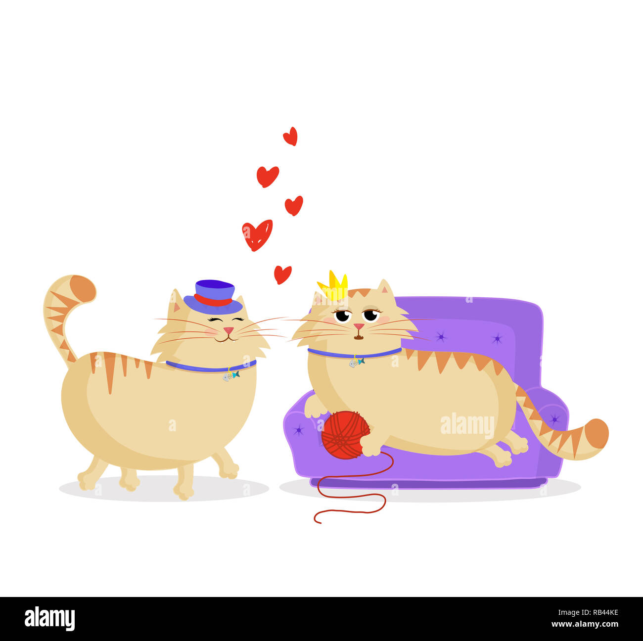 Cute cartoon couple of cats in love. Male and female kittens in love.  Boyfriend cat in top hat and girlfriend queen on sofa with ball. Valentines  post Stock Photo - Alamy