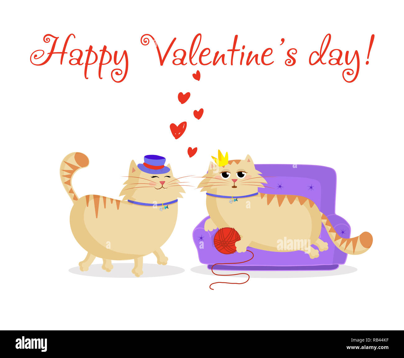 Happy valentines day greeting card with cute cartoon cats boy and girl in  love. Male cat in top hat and female princess cat on the sofa with ball.  Val Stock Photo -