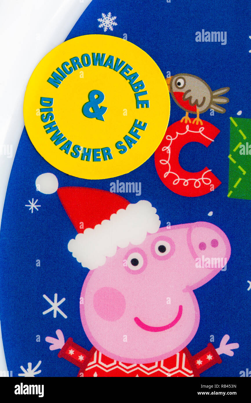 Microwaveable & Dishwasher Safe sticker on child's Peppa Pig Christmas plate Stock Photo