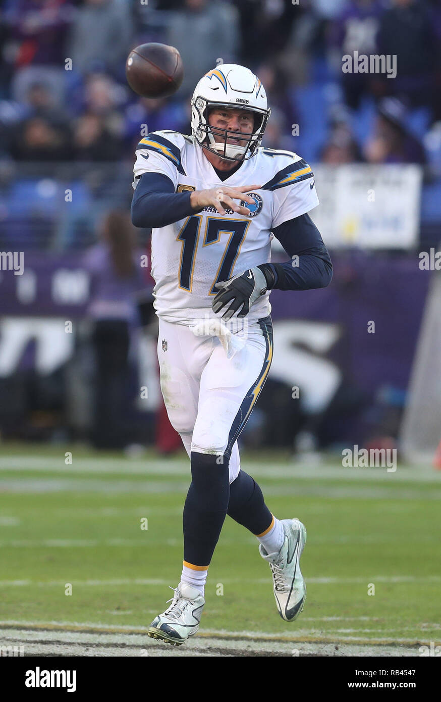 Los Angeles Chargers QB Philip Rivers (17) in action against the Baltimore Ravens during the AFC wildcard playoff game at M&T Bank Stadium in Baltimore, MD on January 6, 2019. Photo/ Mike Buscher/Cal Sport Media Stock Photo