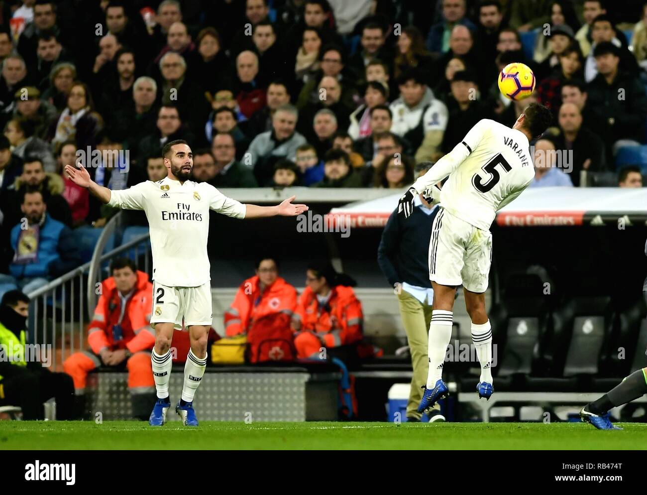 Madrid, Spain. 6th Jan, 2019. Real Madrid's Dani Carvajal (L) and Raphael Varane compete during the Spanish La Liga soccer match between Real Madrid and Real Sociedad in Madrid, Spain, Jan. 6, 2019. Real Madrid lost 0-2. Credit: Guo Qiuda/Xinhua/Alamy Live News Stock Photo