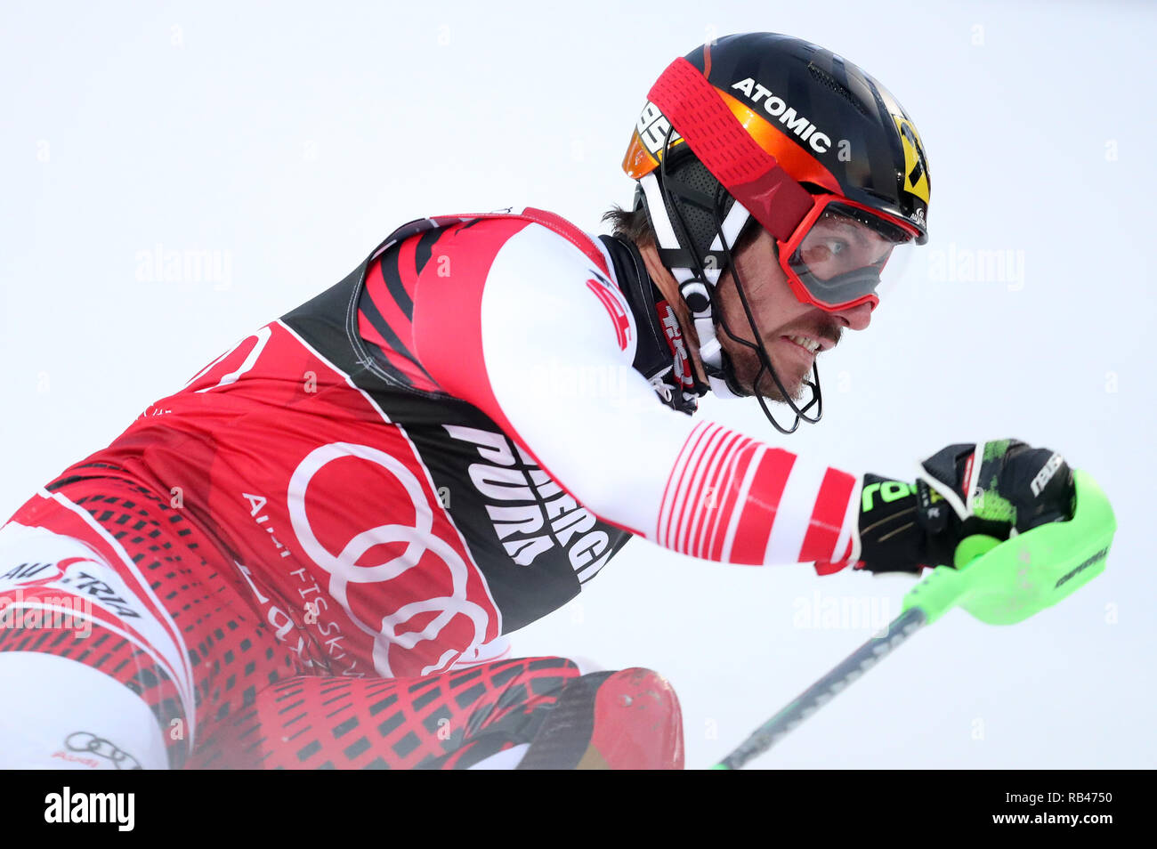 Zagreb, Croatia. 6th Jan, 2019. Marcel Hirscher of Austria competes during  the men's slalom race of FIS Ski World Cup Snow Queen Trophy 2019 in  Zagreb, Croatia, Jan. 6, 2019. Credit: Sanjin