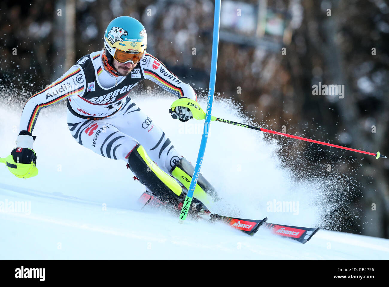 Zagreb, Croatia. 6th Jan, 2019. Felix Neureuther of Germany competes during the men's slalom race of FIS Ski World Cup Snow Queen Trophy 2019 in Zagreb, Croatia, Jan. 6, 2019. Credit: Sanjin Strukic/Xinhua/Alamy Live News Stock Photo