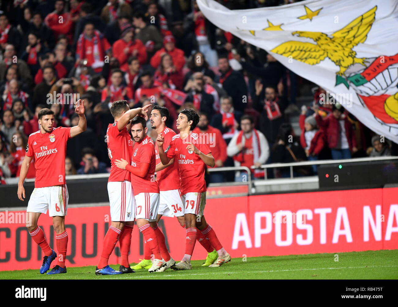 Lisbon, Portugal. 6th Jan, 2019. Joao Felix (1st R) celebrates with his teammates after his scoring during the Portuguese League soccer match between Benfica and Rio Ave in Lisbon, Portugal, Jan. 6, 2019. Benfica won 4-2. Credit: Zhang Liyun/Xinhua/Alamy Live News Stock Photo