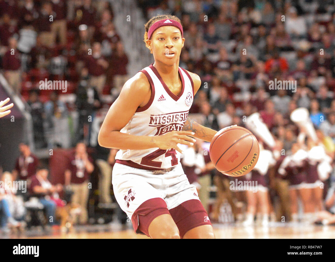 Starkville, MS, USA. 06th Jan, 2019. Mississippi State guard, Jordan  Danberry (24), moves the ball down court during the NCAA women's basketball  game between the Kentucky Wildcats and the Mississippi State Bulldogs