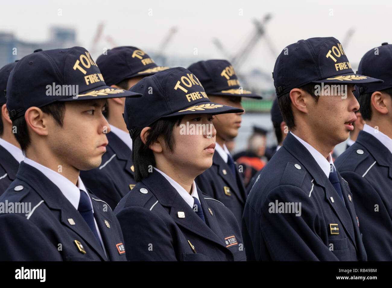 Members of the Tokyo Fire Department perform during the annual New Year's Fire Review in Tokyo Big Sight on January 06, 2019, Tokyo, Japan. This year, approximately 2800 participants including Tokyo Fire Department firefighters and volunteers demonstrate their latest firefighting and emergency rescue techniques. 161 fire vehicles and helicopters are also showcased. Credit: Rodrigo Reyes Marin/AFLO/Alamy Live News Stock Photo