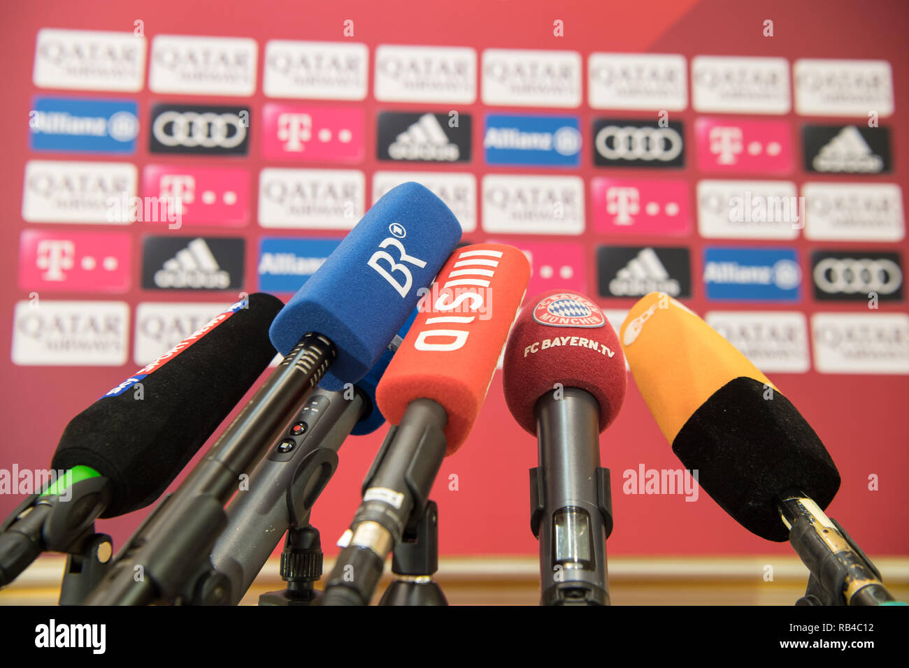 Doha Qatar 07th Jan 2019 Soccer Bundesliga Various Microphones Were Standing In Front Of A Sponsor