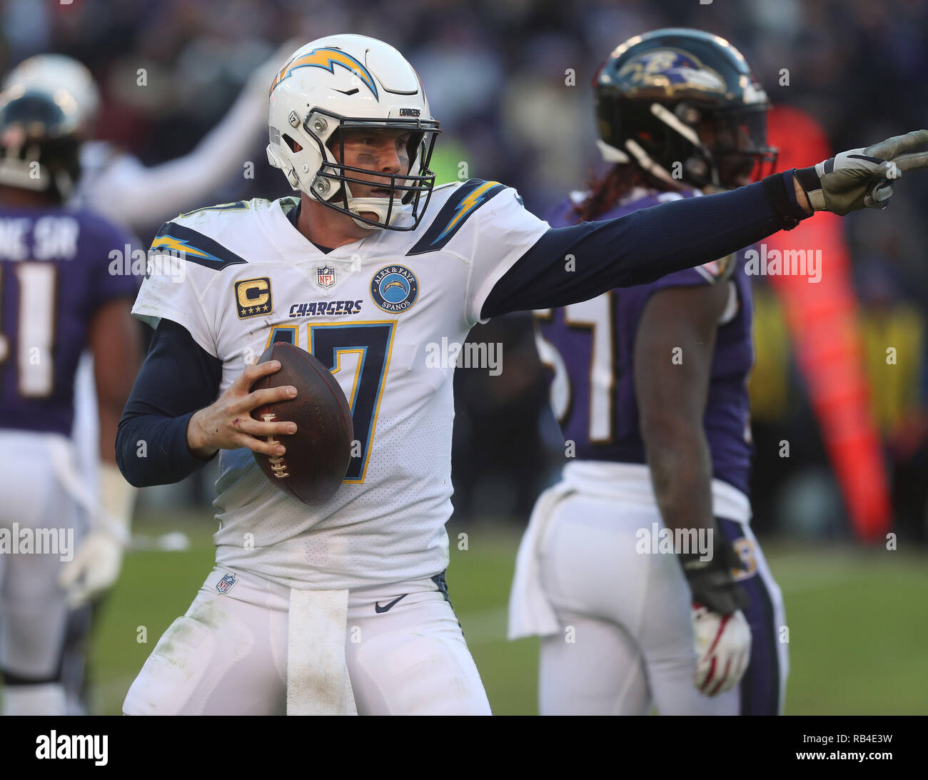 Baltimore, Maryland, USA. 06th Jan, 2019. Los Angeles Chargers QB Philip  Rivers (17) signals for a first down after his 9-yard run against the  Baltimore Ravens during the AFC wildcard playoff game