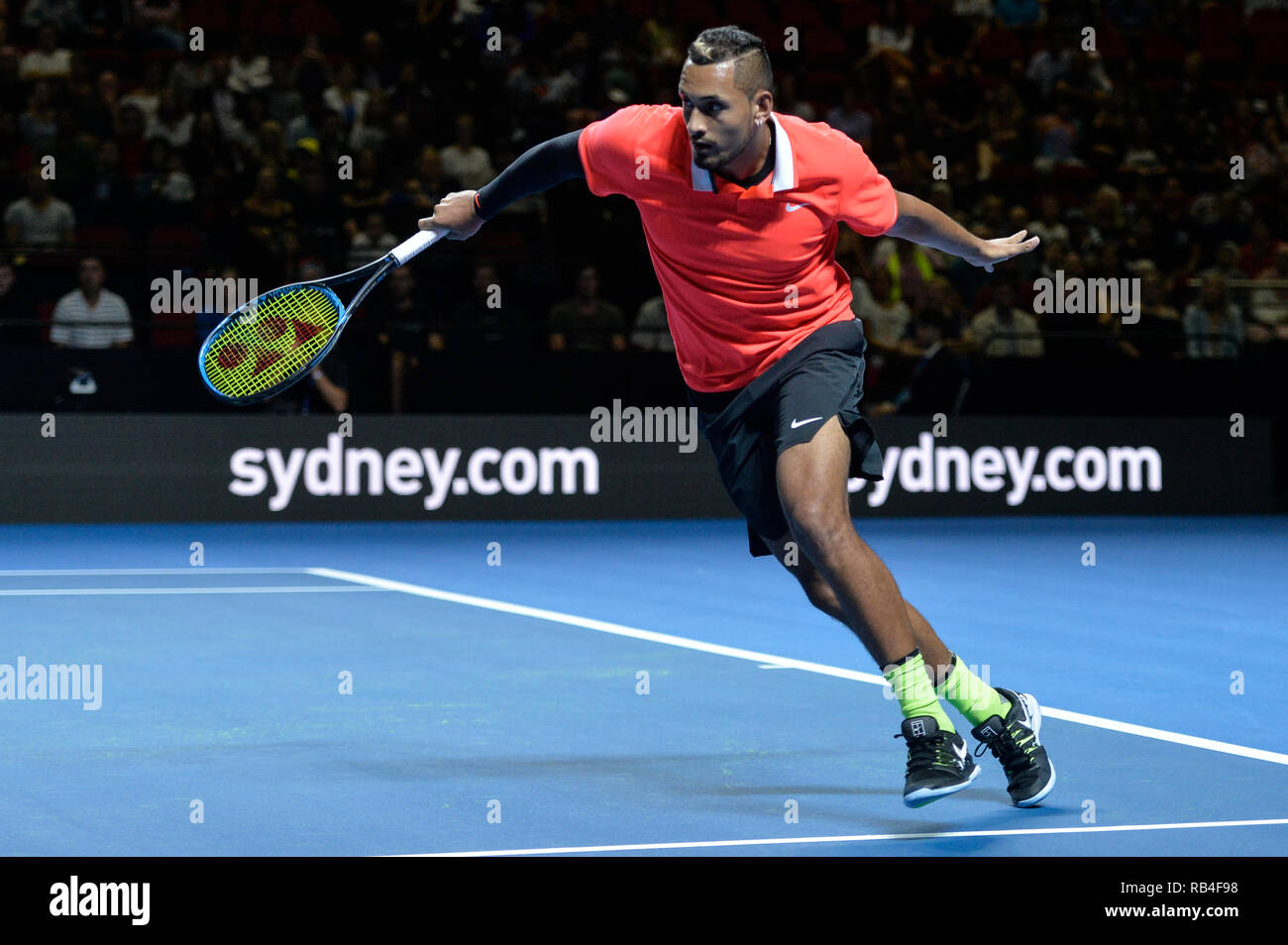 Qudos Bank Arena, Sydney, Australia. 7th Jan, 2019. Fast4 Tennis Showdown;  Nick Kyrgios of Australia hits a backhand to Rafael Nadal of Spain Credit:  Action Plus Sports/Alamy Live News Stock Photo -