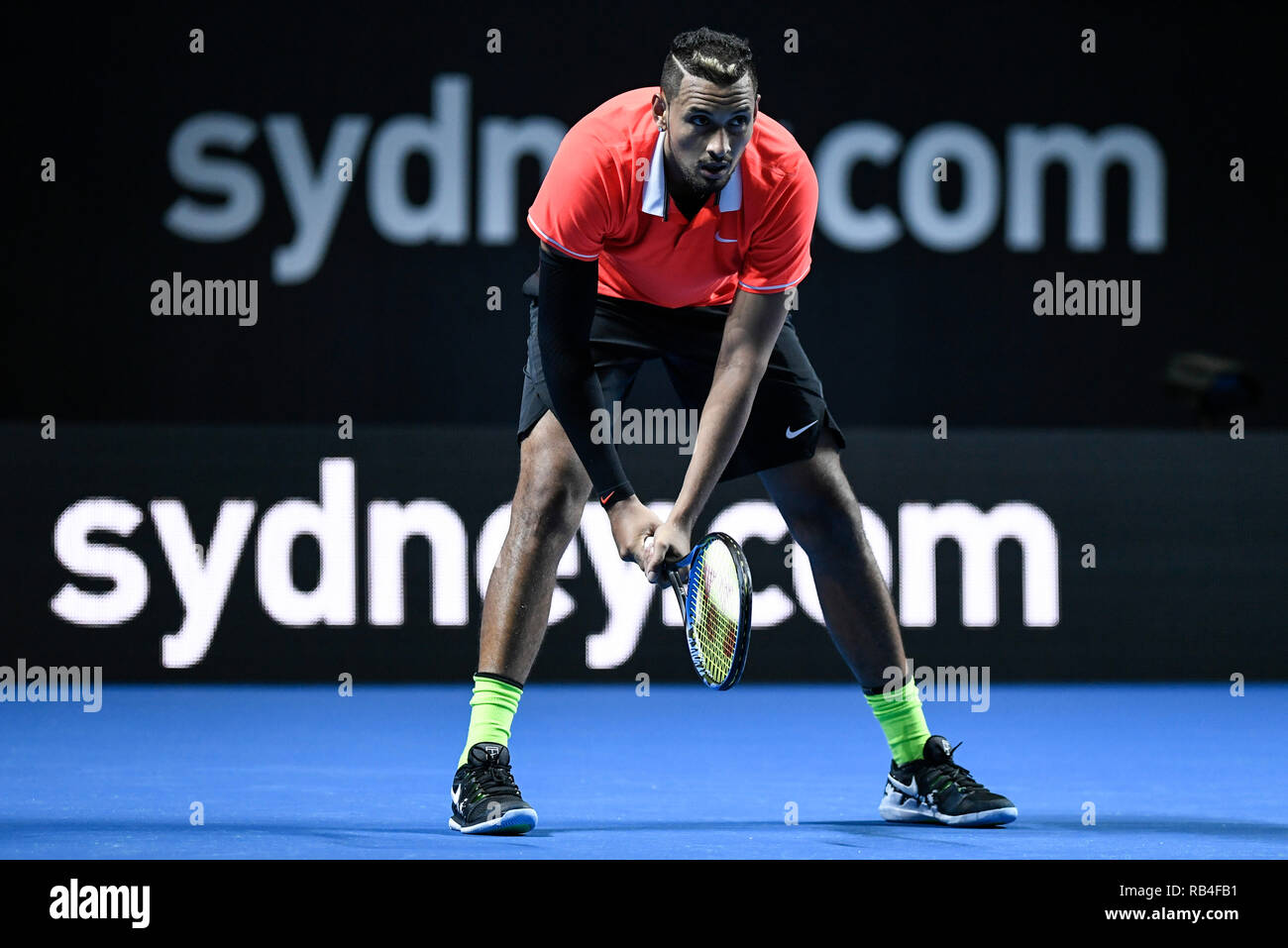 Qudos Bank Arena, Sydney, Australia. 7th Jan, 2019. Fast4 Tennis Showdown;  Nick Kyrgios of Australia prepares to receive serve in the match against  Rafael Nadal of Spain Credit: Action Plus Sports/Alamy Live