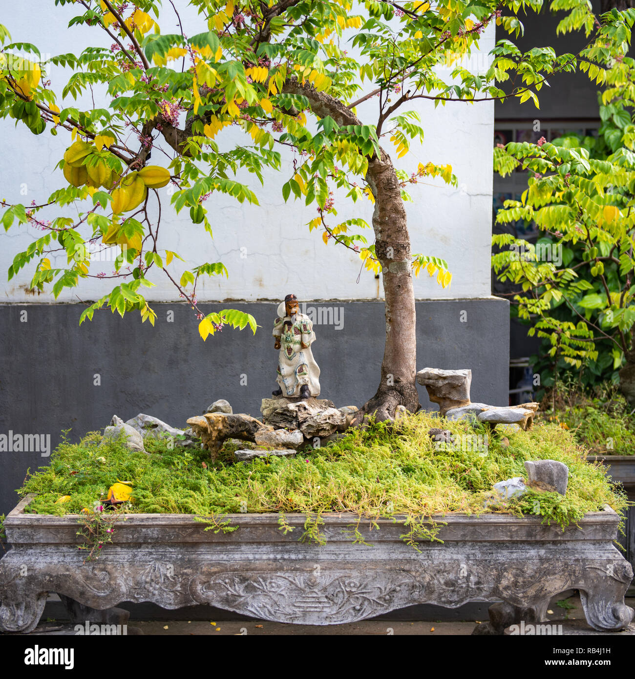 small ceramic deity under bonsai tree in garden of old buddhist temple rural Vietnam Stock Photo