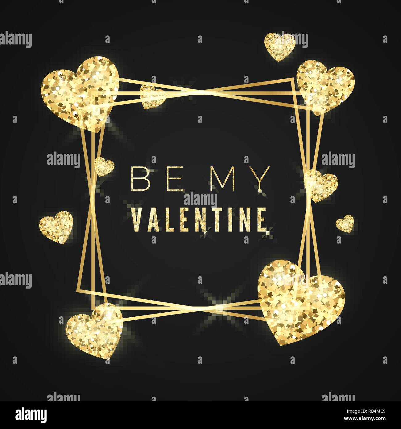 Happy Valentines day vector greeting card. Golden frame, heart and text ...