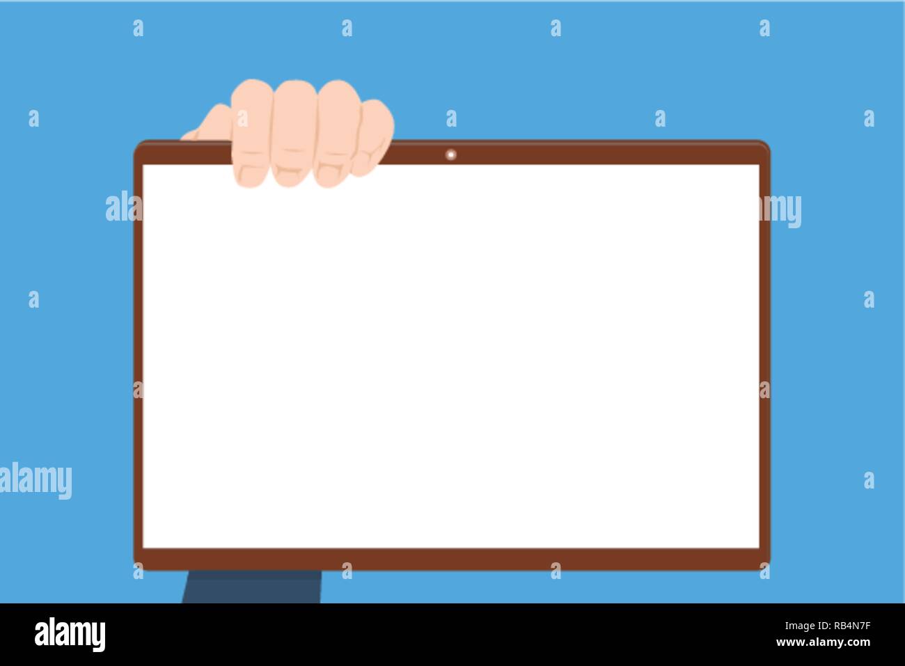 Front view of businessman hands are holding computer screen, vector ...