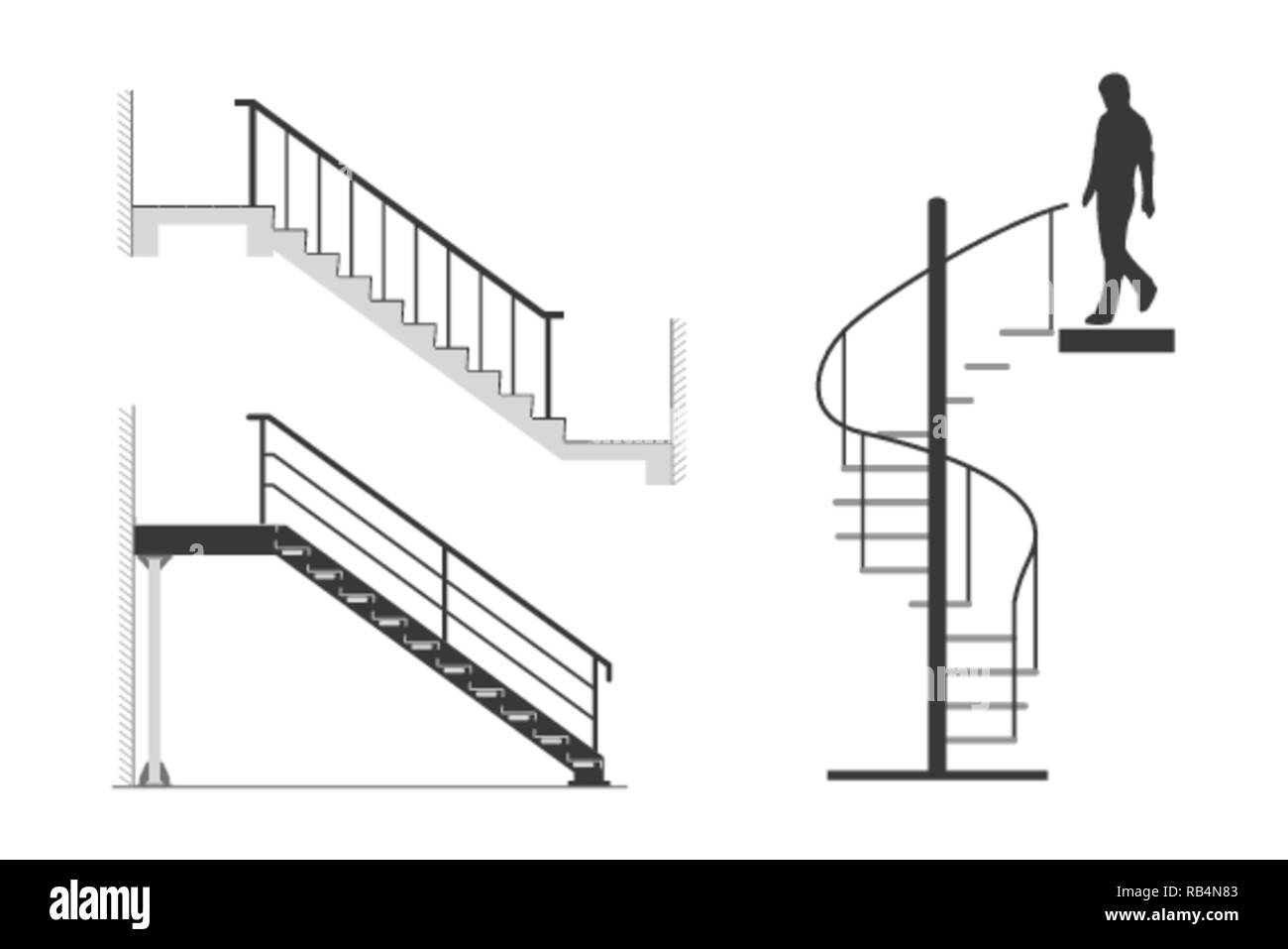 Set of steel stair with silhouette of man go down spiral staircase, vector illustration Stock Vector