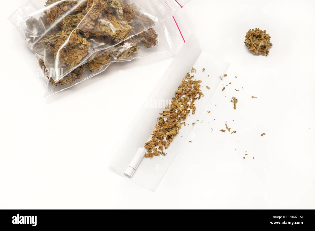 Preparing a medical cannabis joint with tobacco and rolling paper with marijuana bud in a sealed bag on white background.The insinuation of marijuana  Stock Photo