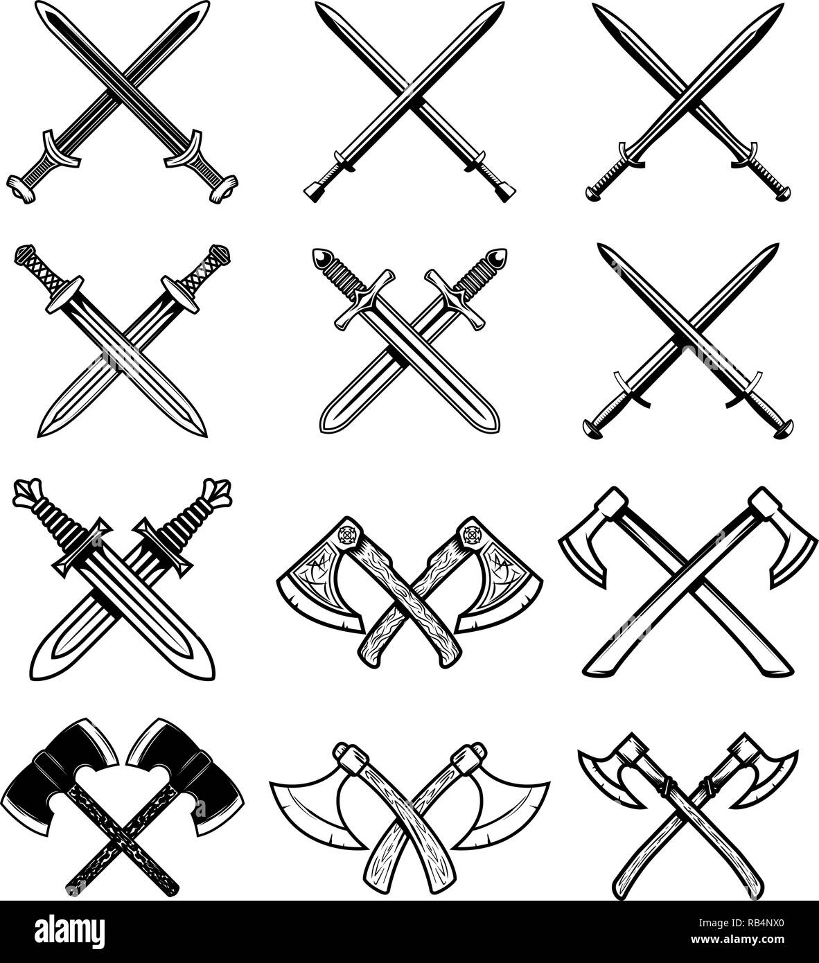 Set of ancient weapon. Knight swords, axes. Design element for logo, label, emblem, sign. Vector illustration Stock Vector