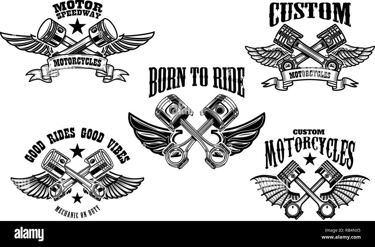 Set of winged motorcycle and car pistons. Design element for logo
