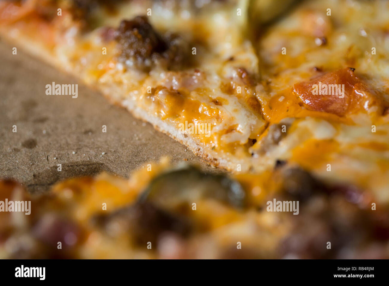 Macro photography of fresh pizza in cardboard box Stock Photo Alamy