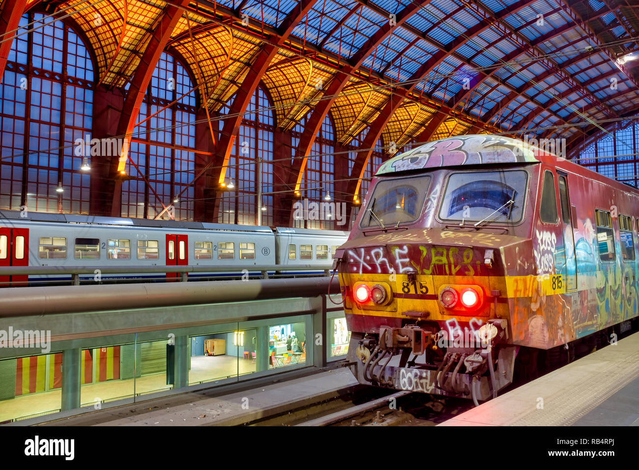 Interior of the Antwerpen-Centraal railway station, Antwerp, Flanders, Belgium Stock Photo