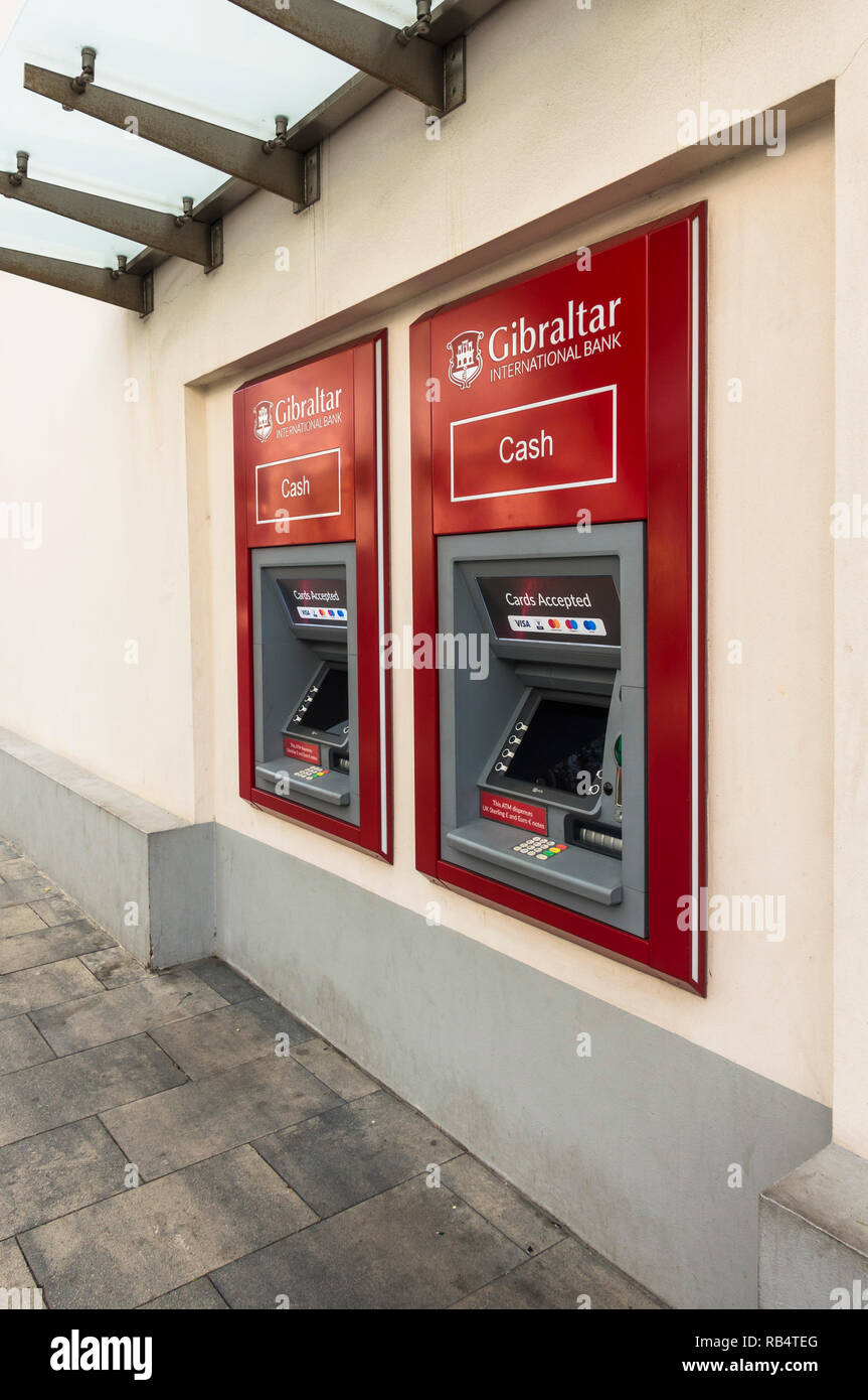 Gibraltar International Bank, Atm Cash dispenser, Gibraltar, British Overseas Territory, UK. Stock Photo