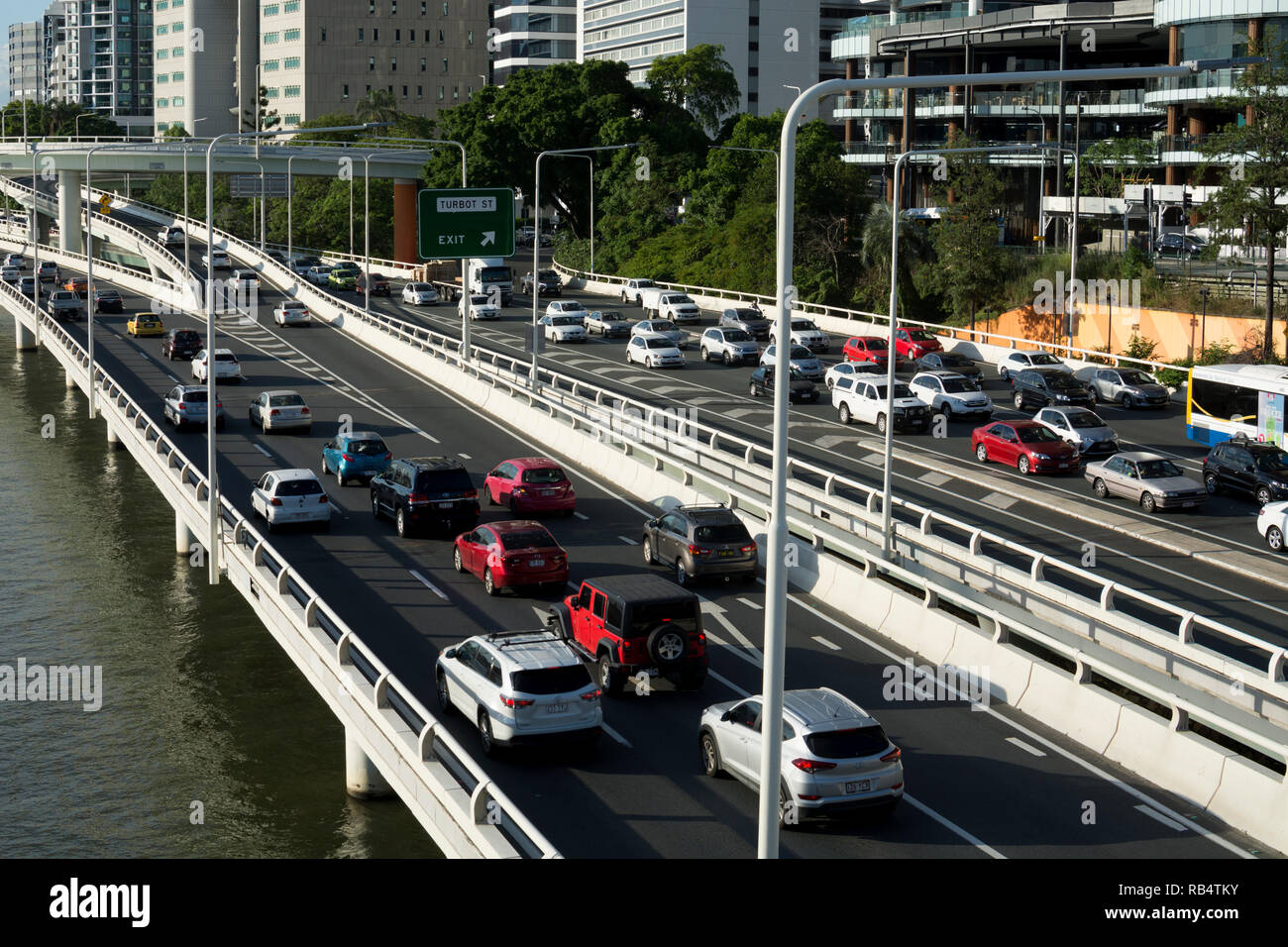 Evening traffic on the Riverside Expressway, Brisbane city centre, Queensland, Australia Stock Photo