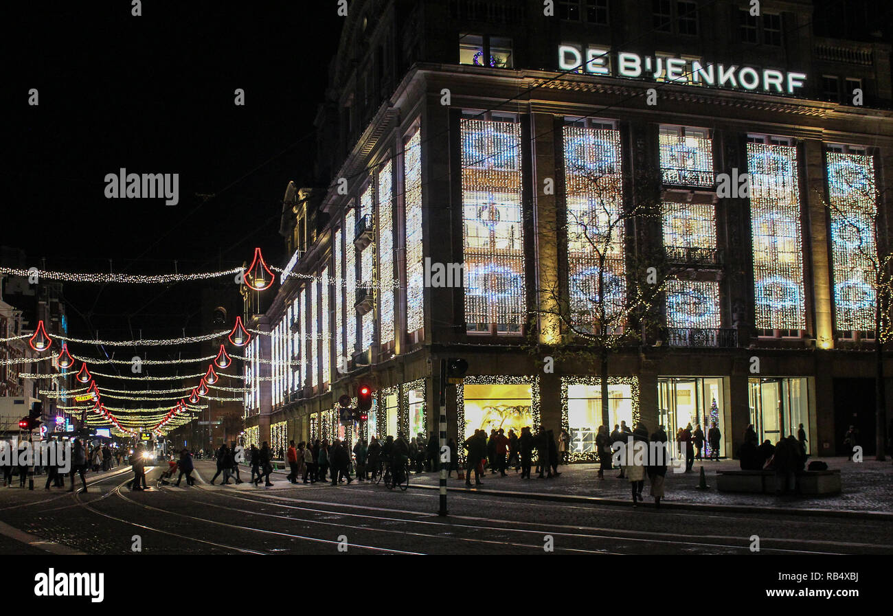 De Bijenkorf Department Store and Christmas illuminations at night in  Amsterdam, Netherlands Stock Photo - Alamy