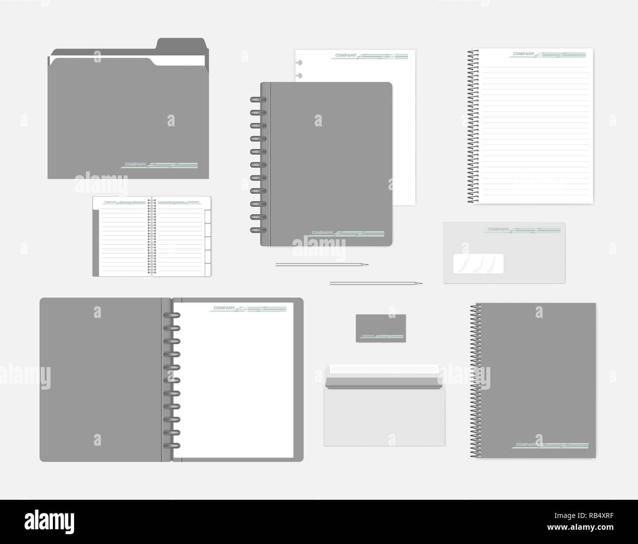 Download Stationery Mockup Set For Corporate Identity Design Notebooks Filler Paper Folder Envelope Business Card Mock Up Stock Vector Image Art Alamy PSD Mockup Templates