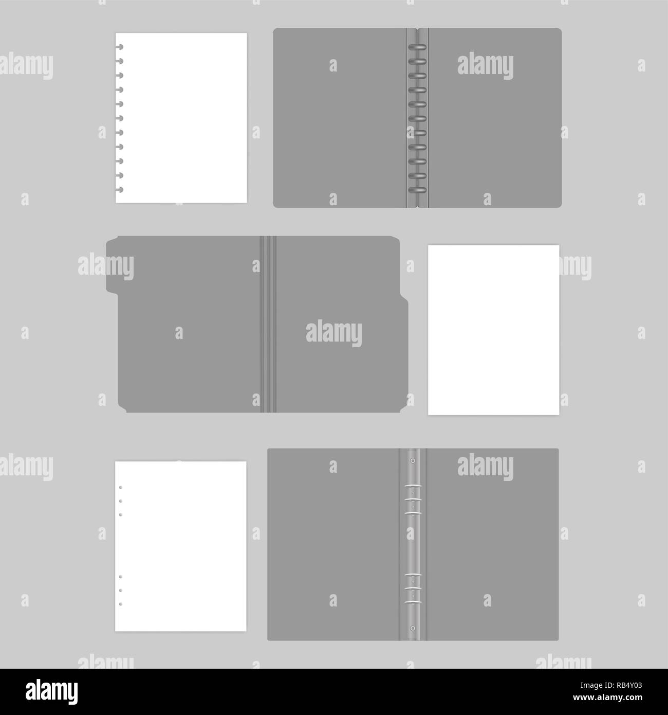 Open gray folders, mockup set. File folder with cut tab, disc and ring binders with filler paper sheets, mock-up Stock Vector