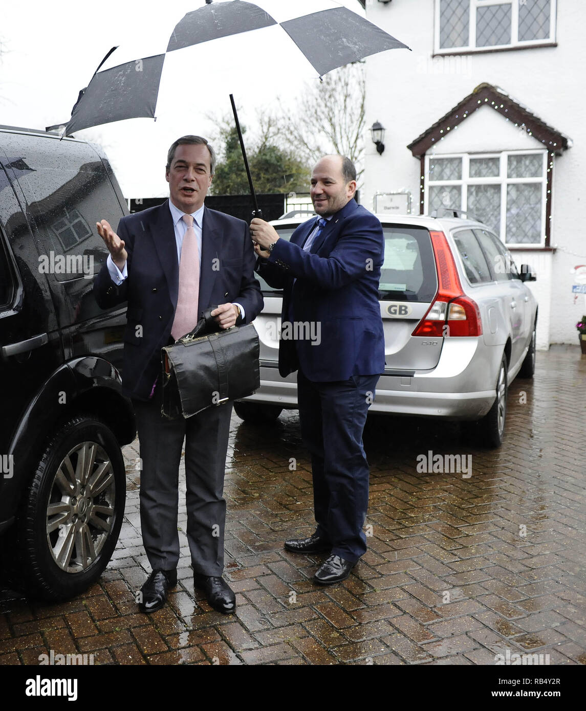 Nigel Farage arrives home after police confirmed that his Volvo car was sabotaged whilst driving from Brussels to his home in Kent  Featuring: Nigel Farage Where: London, United Kingdom When: 03 Jan 2016 Credit: Steve Finn/WENN Stock Photo