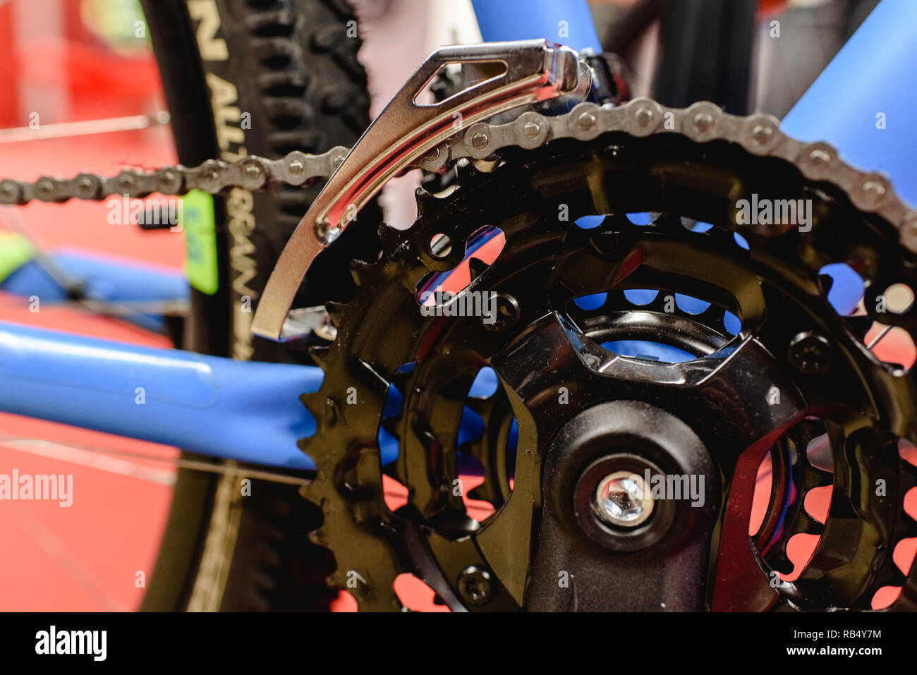 Mountain Bike Groupsets, chain and pedals mounted in its frame. Stock Photo