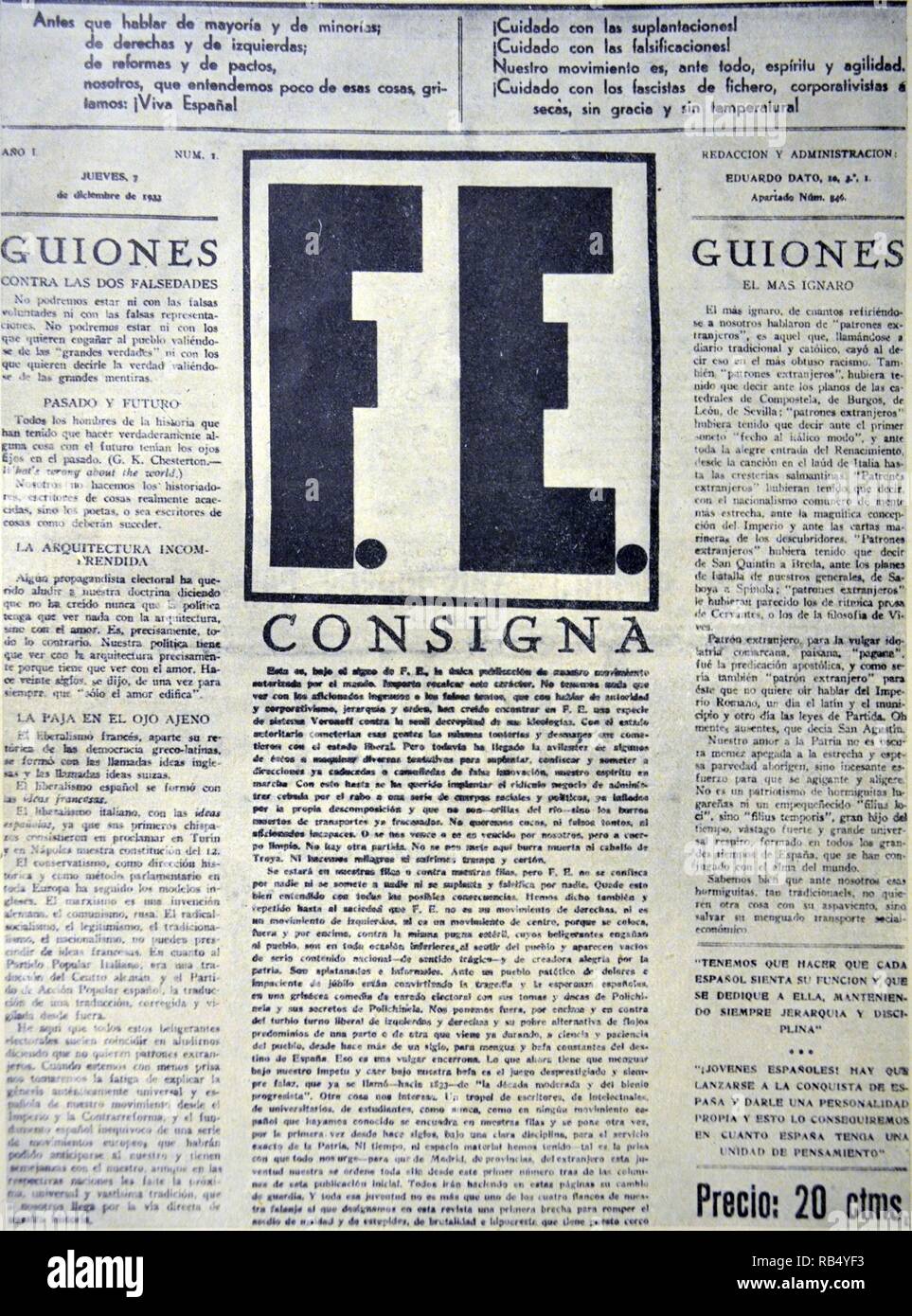 Spanish civil war: fascist Falange FE Newsletter,, (Falange EspaA+ola de las JONS) - created by a merger in 1934 of two fascist organisations, Primo de Rivera's Falange (Phalanx), founded in 1933, and Ramiro Ledesma's Juntas de Ofensiva Nacional-Sindicalista (Assemblies of National-Syndicalist Offensive), founded in 1931. It became a mass movement when it was joined by members of AcciA3n Popular and by AcciA3n CatA3lica, led by RamA3n Serrano SA0A+er. Stock Photo