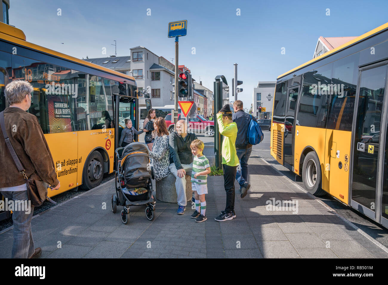 Bus stop, Summer Festival, Cultural Day, Reykjavik, Iceland Stock Photo