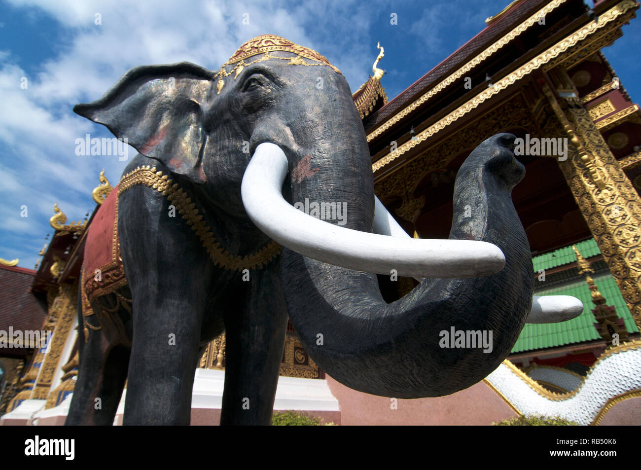 Close up picture of the black Elephant Statue in the Wat Saen Muang Ma Luang in Chiang Mai, Thailand Stock Photo