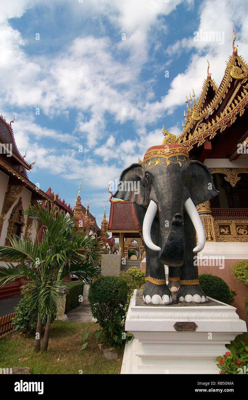 Front view of the Wat Saen Muang Ma Luang and his black Elephant Statue in Chiang Mai, Thailand Stock Photo